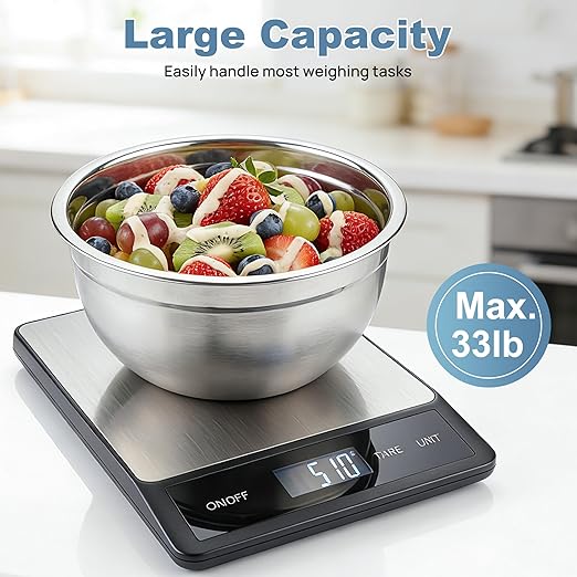 33LB/15KG Digital Kitchen & Food Scale – Waterproof Stainless Steel, USB Rechargeable, 1g Precision, Tare Function for Cooking, Baking, Meal Prep