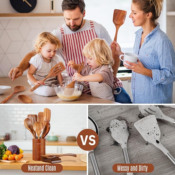 Wooden Spoons for Cooking, 9 PCS Teak Wood Cookware Utensil Set - Smooth Finish, Non-Stick, Comfortable Grip, Heat Resistant Kitchen Utensils Gift Box