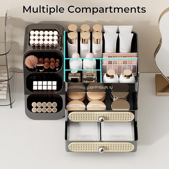 Makeup Organizer for Vanity with Brush Holder, Large Plastic Bathroom Countertop Skincare Organizer with 2 Drawers, Spacious Cosmetic Display Case for Perfumes, Eyeshadow Palettes, Nail Polishes