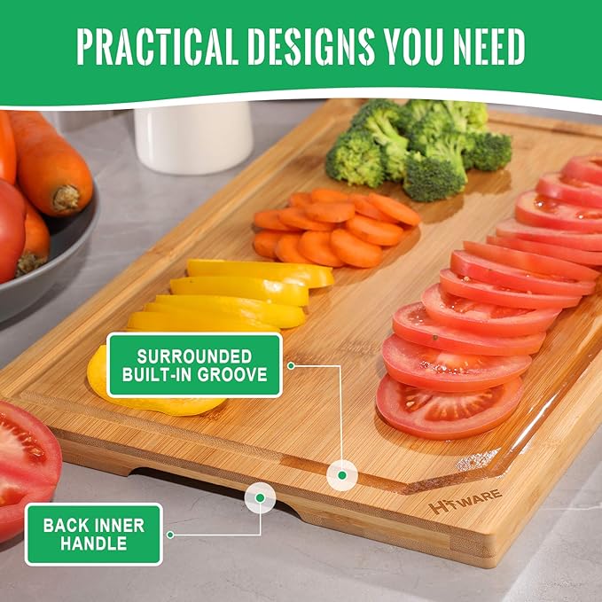 Hiware Bamboo Cutting Board for Kitchen, Heavy Duty Wood Cutting Board with Juice Groove, 100% Organic Bamboo, Pre Oiled, 15" x 10"