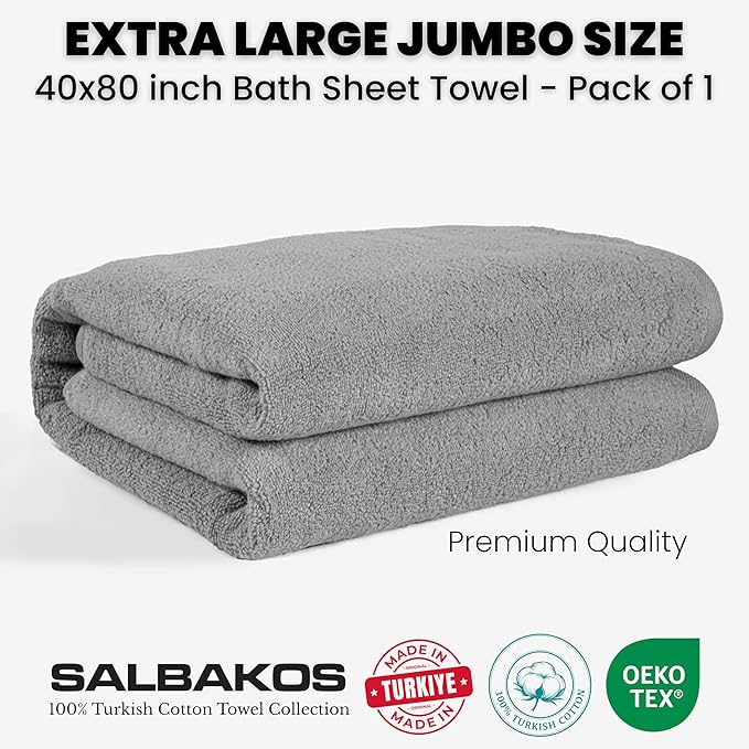 SALBAKOS Luxury 100% Turkish Cotton Bath Sheets 40x80 in Oversized Extra Large Bath Towels Thick Soft Absorbent Turkish Towel for Spa Beach (Pack of 1, Silver, Jumbo Bath Sheet)