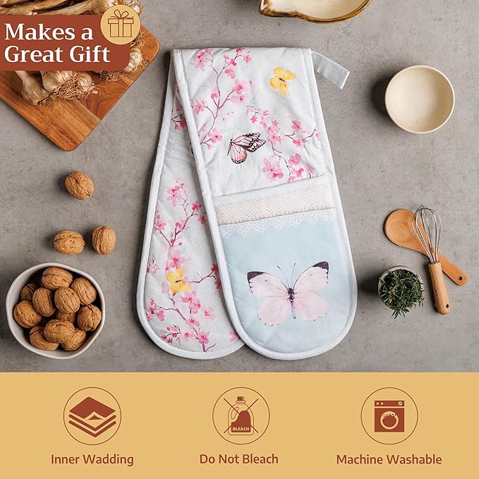 Maison d' Hermine Double Oven Mitts 100% Cotton 7"x35" Double Oven Mitt Heat Resistant BBQ Cooking Gloves with Loop Baking Grilling Gifts for Mothers Day Spring Summer (Blossoms in Spring)