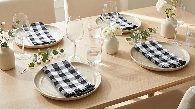 PurpleEssences Buffalo Plaid Cloth Napkins - Mitered Corners - Spring Easter Summer - Gingham Check Dinner Napkin - Set of 12-100% Cotton - 18x18 Inch - Reusable Washable - Black and White