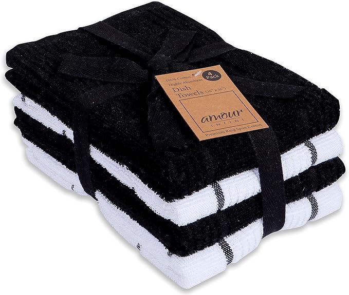 AMOUR INFINI Kitchen Towels Pack of 4, Terry Cotton Dish Towels, Ultra Absorbent, Quick Drying Hand & Tea Towels, Soft Durable Cleaning Cloths with Hanging Loop, 16 x 26 Inch (Black)