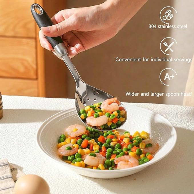304 Stainless Steel Spoon Set, Soup Ladle, Solid & Slotted Cooking Spoons, Non-Slip Heat-Resistant Handles, Dishwasher Safe Kitchen Tools,Stainless Steel Large Serving Spoons Set pack of 3