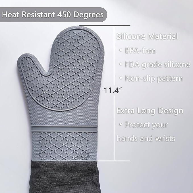 Linwnil Extra Long 19.5",Silicone Oven Mitts Heavy Duty Commercial Grade Oven Mitts Heat Resistant BBQ Gloves with Quilted Cotton Lining 2 Pack (Gray)