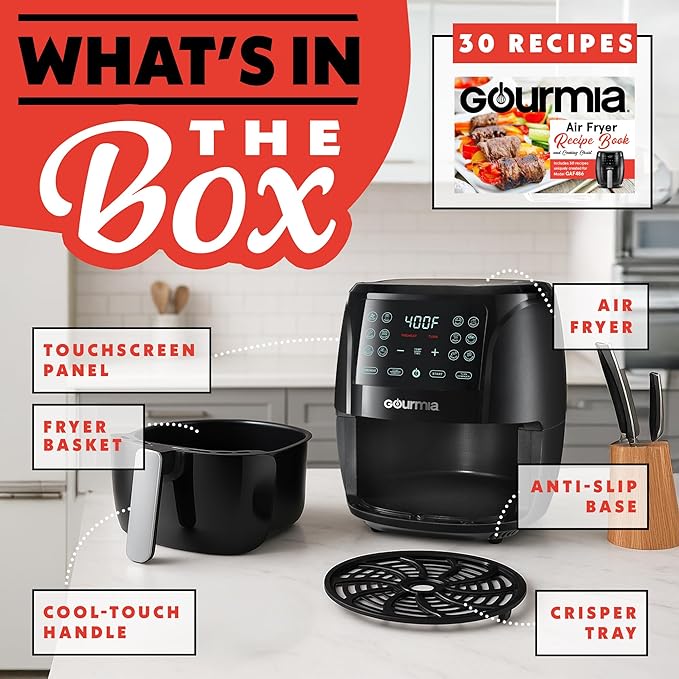 Gourmia Air Fryer - 4 Qt Capacity, FryForce360º, Digital Display with 8 Presets, Roast, Bake, Broil, Dehydrate, Dishwasher Safe Accessories, Compact, Black