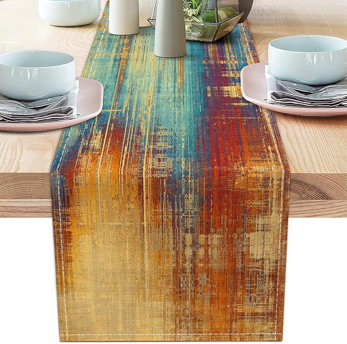 Blue Cyan Long Table Runners Country Rustic Farmhouse Linen Table Runners Yellow Orange Retro Small Coffee Table Runner for Kitchen Dining Table Home Party Decor (13"x 108")