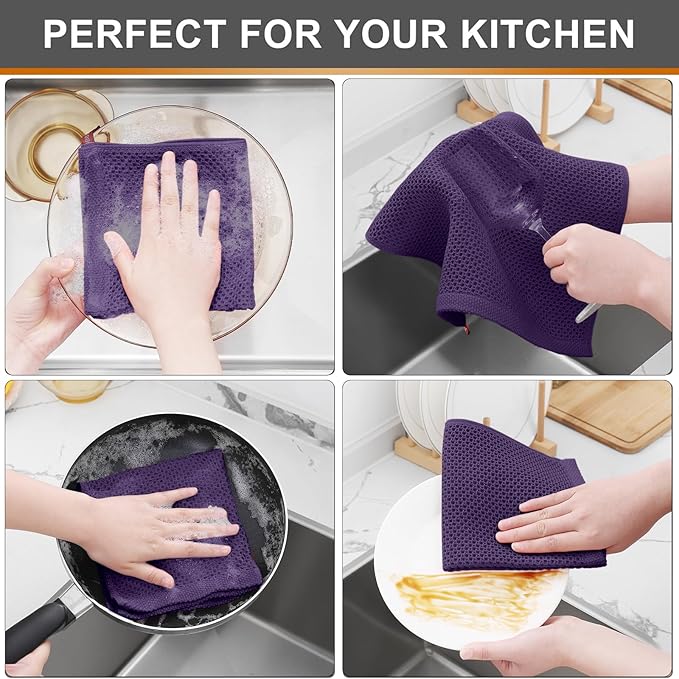 Kitinjoy 100% Cotton Kitchen Dish Cloths (12 X 12 Inches, Eggplant), 6 Pack Waffle Weave Ultra Soft Absorbent Dish Towels for Drying Dishes Quick Drying Kitchen Towels Dish Rags