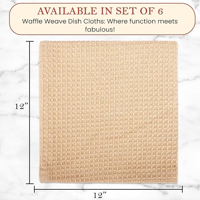 Vintage Vista 100% Cotton Waffle Dish Cloths (Pack of 6) - Dish Rags for Washing Dishes - Reusable & Highly Absorbent Kitchen Towels - Kitchen Rags fo Easter - (12" x 12" - Beige)