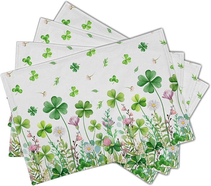 Green Shamrock Placemats Set of 4, 12 x 18 Inch Clover Lucky Floral Heat Resistant Linen Farmhouse Table Dining Place Mats for Seasonal Spring Kitchen Home Decor