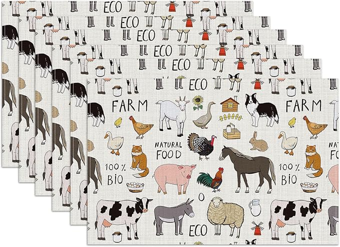 Farmhouse Animal Placemats Set of 6, Washable Heat Resistant Table Mat Linen Place Mats for Party Kitchen Dining Home Decor 12x18 Inch