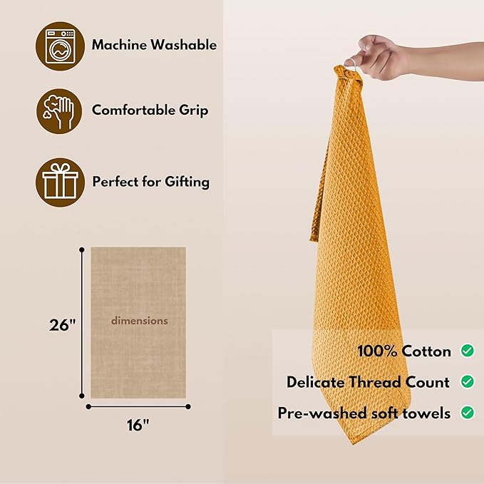 Native Fab Cotton Kitchen Towel with Hanging Loop 16x26 inches, 6-Pack, Waffle Weave Kitchen Towels for Cleaning Drying, Washcloths Soft & Absorbent Cloth Rags, Bar Towel, Dish Cloth, Mustard Yellow