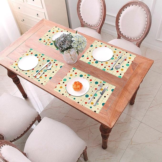 Mid Century Modern Placemats Set of 4, Washable Yellow Retro Table Mats for Kitchen Dining Table Outdoor Holiday Party Home Decor, Heat Resistant Linen Place Mats 12"x18"
