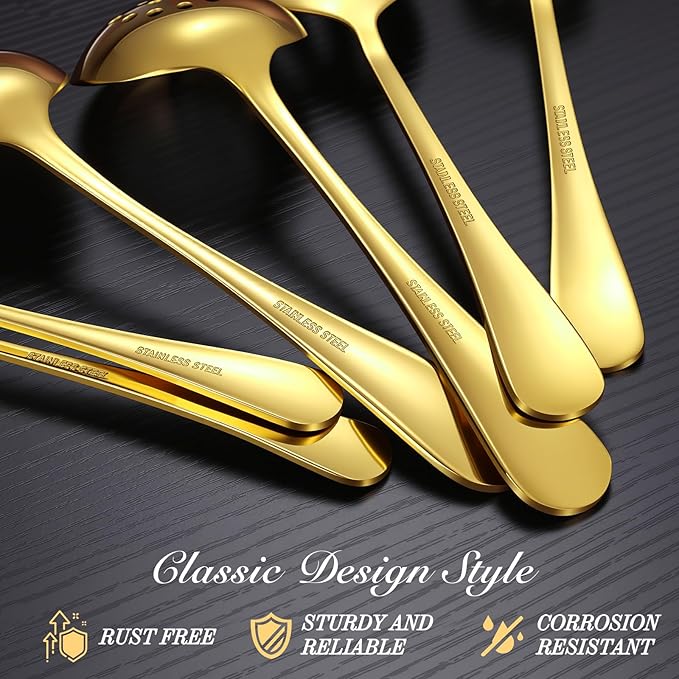 Mwellewm 17Pcs Serving Utensils, Gold Stainless Steel Serving Spoons, Slotted Spoon, Fork, Tongs, Cake Pie Server, Soup Spoon, Metal Buffet Banquet Cutlery Set for Parties Entertaining Catering