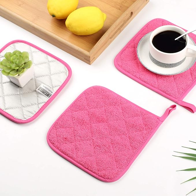 100% Cotton Kitchen Everyday Basic Terry Pot Holder Heat Resistant Coaster Potholder for Cooking and Baking Set of 5 (Dark Pink)