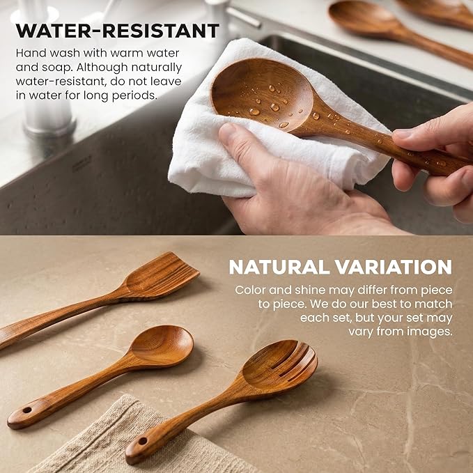 Zulay Kitchen 7-Piece Wooden Cooking Spoons Set – Heat-Resistant, Smooth Teak Utensils with Comfort Grip – Lightweight & Durable – Easy to Clean, Perfect for Non-Stick Cookware