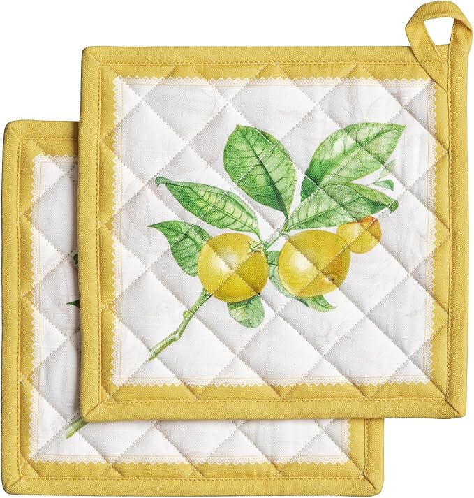 Maison d' Hermine Pot Holders 100% Cotton Heat Resistant Potholders 8" x 8" Hot Pads with Loop BBQ Cooking Baking Gifts for Mothers Day Handling Hot Pans Spring/Summer (Pack of 2, Limoncello)