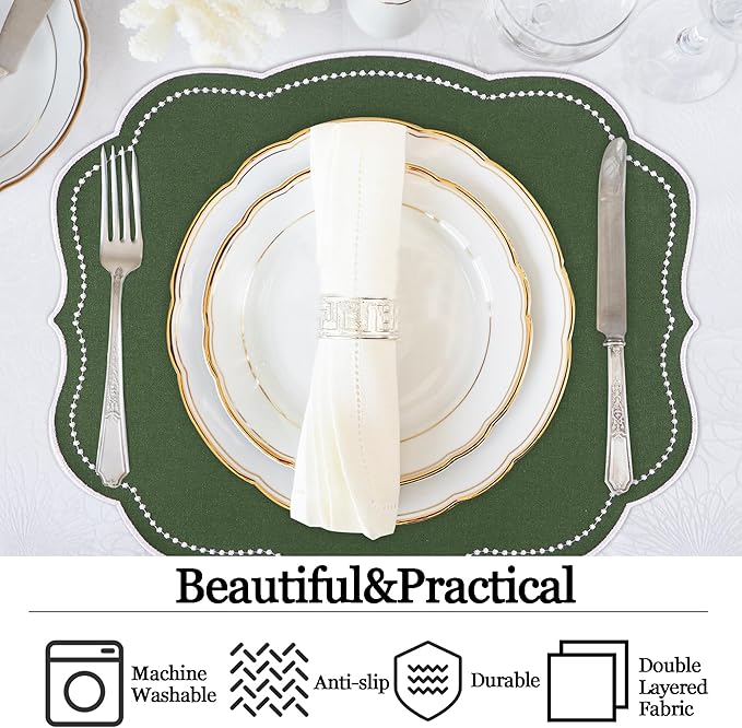 Cotton Linen Placemats Set of 4 - Double Layered, Luxury Scalloped Embroidered Cloth Table mats - Holidays, Christmas, Washable Mat, 16 x 13 inch (Green)