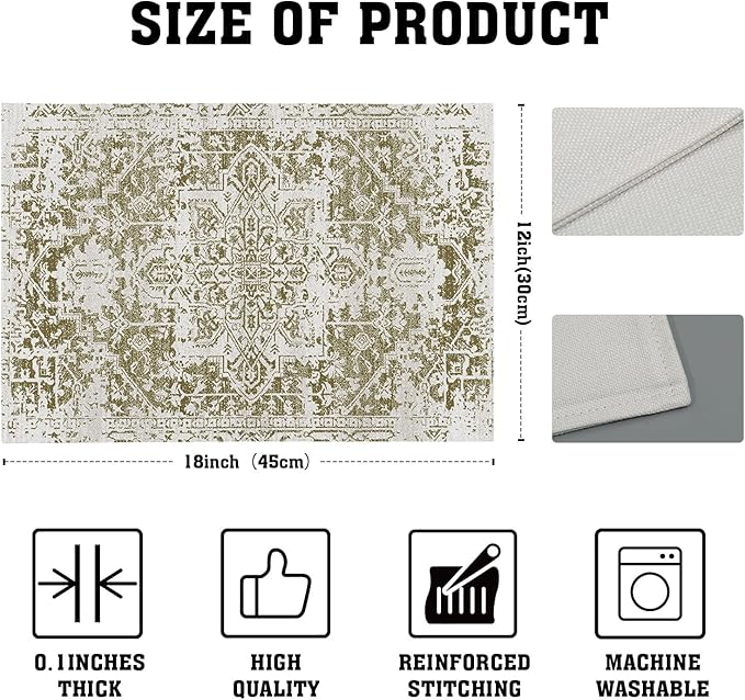 Gray Olive Green Boho Placemats Set of 4 Ethnic Bohemian Carpet Place Mats Washable Kitchen Dining Vintage Grey Geography Floral Linen Table Mats Stain Heat-Resistant for Home Party Indoor 12x18 in