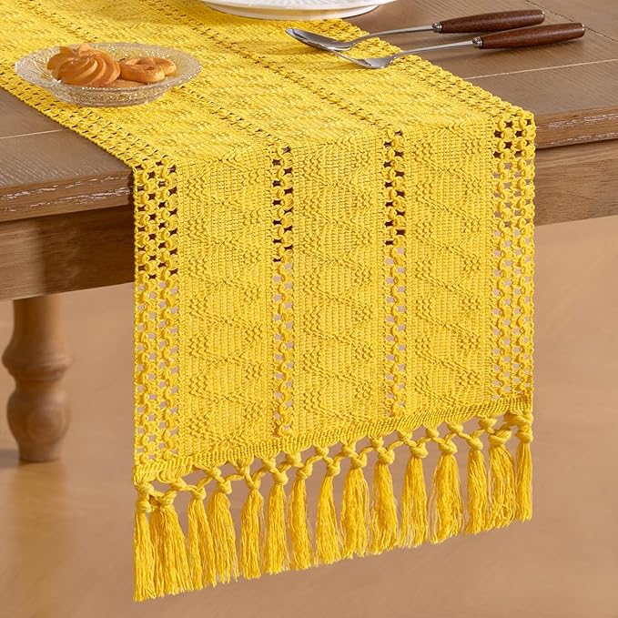 Socomi Boho Table Runner Macrame Long Easter Spring Farmhouse Woven Cotton Linen Rustic Coffee Table Runner with Tassels for Dresser Scarf Home Decor Dining Room 12x108 in Yellow Gold