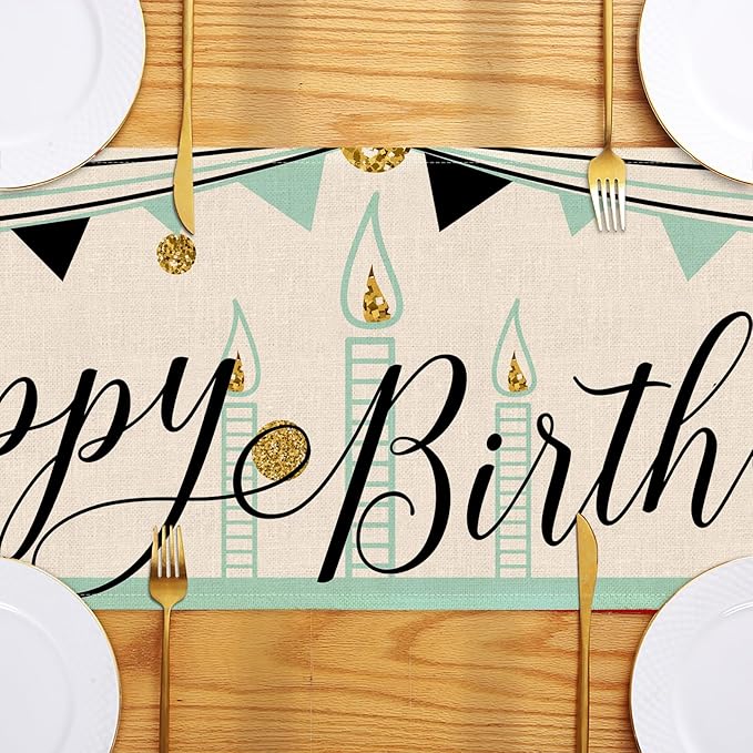 Happy Birthday Table Runner Cake Golden Balloon Pennant 13x72 Inch Polyester Linen Table Decoration for Kitchen Dinning, Indoor Outdoor Home Party Desktop Decor (Blue)