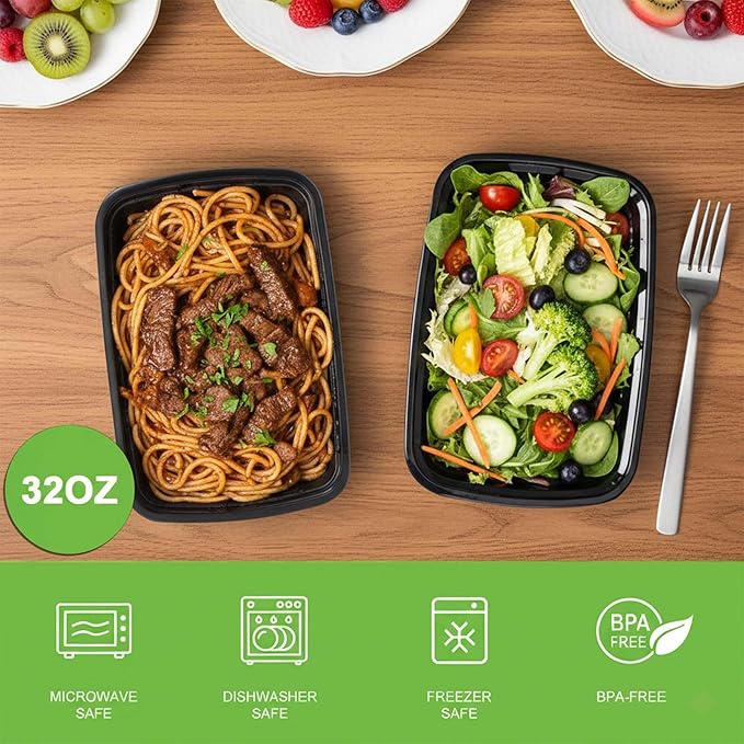 Uni-Pak Meal Prep Containers with Lids, Reusable 32oz Rectangle Food Storage, Sturdy Leakproof, Microwave Freezer Dishwasher Safe, To-Go Takeout Plastic Containers, 50 Pack (100-Piece) – 60816 60816