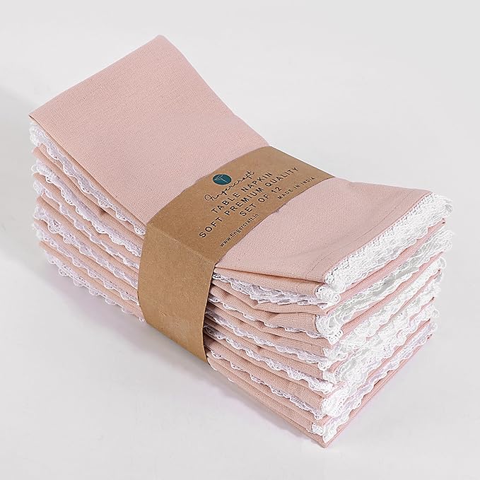 Fingercraft Dinner Cloth Napkin Cotton Linen Set of 12 Mitered Corners with Natural Elegant Lace for Everyday Use Napkins are Pre Shrunk and Good Absorbency with Lace 20x20 in Dusty Pink Easter Color