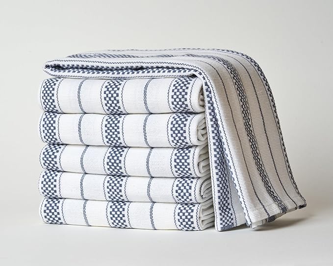 Kitchen Towels Set – Pack of 6 (20’’ x 30’’) Extra Large Premium Cotton Dish Towels for Kitchen – Chain Stripe Towels – Absorbent – 100% Cotton – with Hanging Loop – Blue Grey