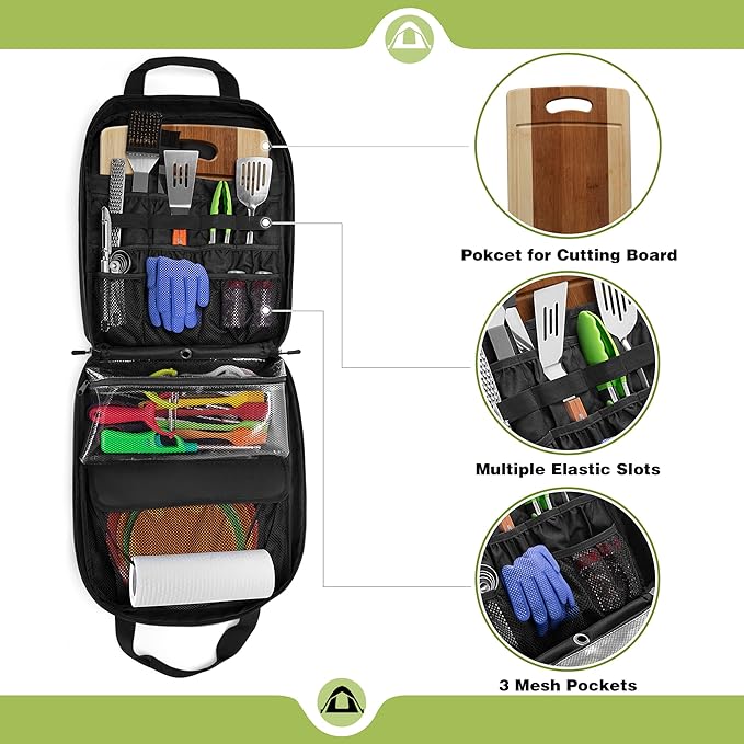 HODRANT Hanging Camp Utensil Organizer with Towel Paper Holder, Portable Camping Kitchen Cookware Bag for Knives, Forks, Spoons & More, Outdoor Cooking Tools Storage Box for Travel & Hiking, Bag Only