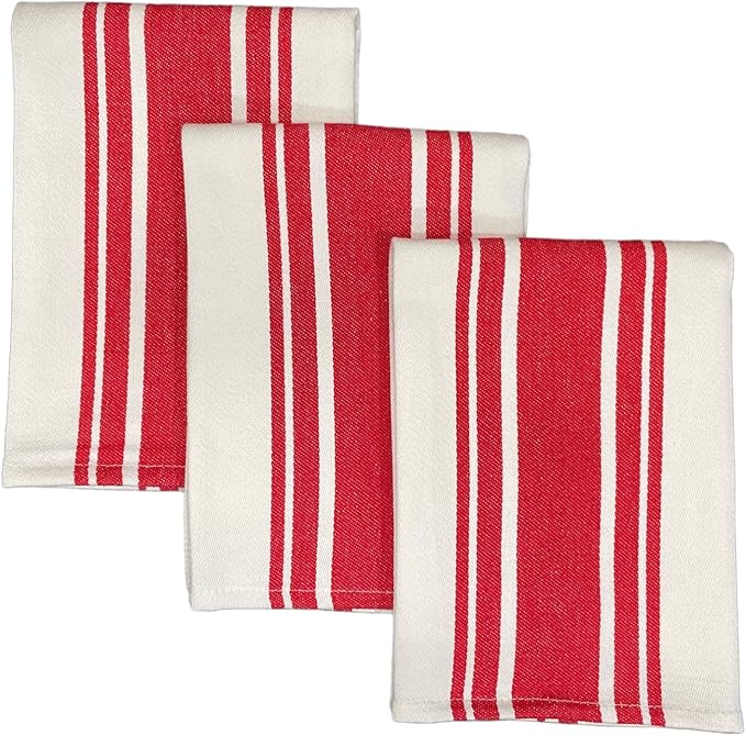 Kitchen Towels Set – Pack of 3 (20’’ x 30’’) Extra Large Premium Cotton Dish Towels for Kitchen – Super Striped Towels – Absorbent – 100% Cotton – Hanging Loop – Red