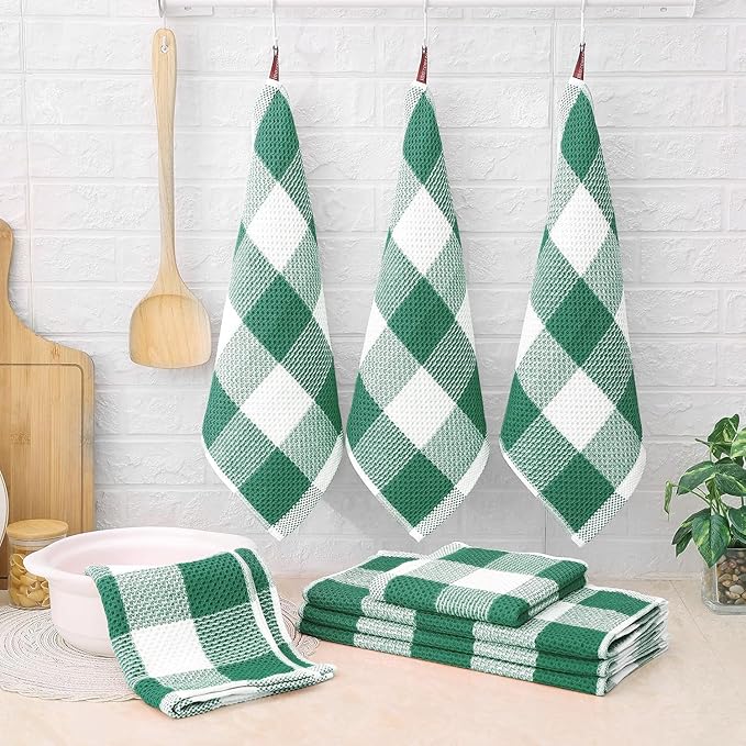 Homaxy Kitchen Towels and Dishcloths Set, 12 x 12 and 13 x 28 Inches, Set of 8 Bulk Cotton Waffle Weave Check Plaid Kitchen Towels, Super Soft and Absorbent Dish Towel, White & Dark Green