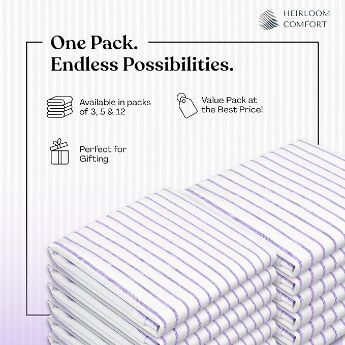 Lavender Stripe Kitchen Towels, 5 Pack, 100% Cotton, Super Absorbent and Quick Dry, Classic Striped Towel Set, Durable Dish Cloths for Kitchen Use, Cleaning & Drying Dishes