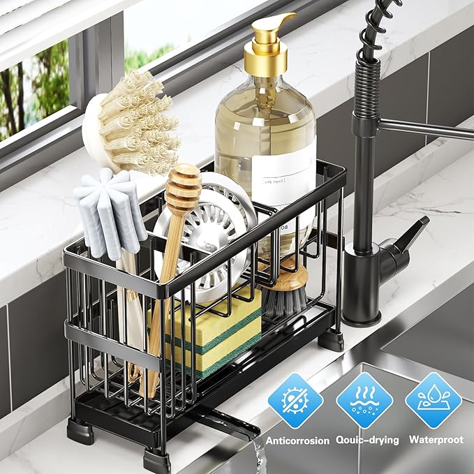Sponge Holder for Kitchen Sink, 2-Tier Sink Caddy Organizer with High Brush Holder, Dish Soap and Scrubber Holder- Kitchen Counter Decro -RV Essentials -House Warming Gift