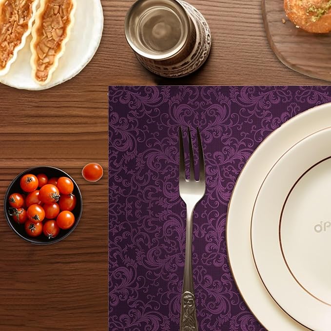 Purple Placemats Set of 6,Eggplant Color Mandala Floral Design Place Mats, Washable Heat Resistant 12×18 Inch Linen Table Mats for Kitchen Dining, Boho Home Decor