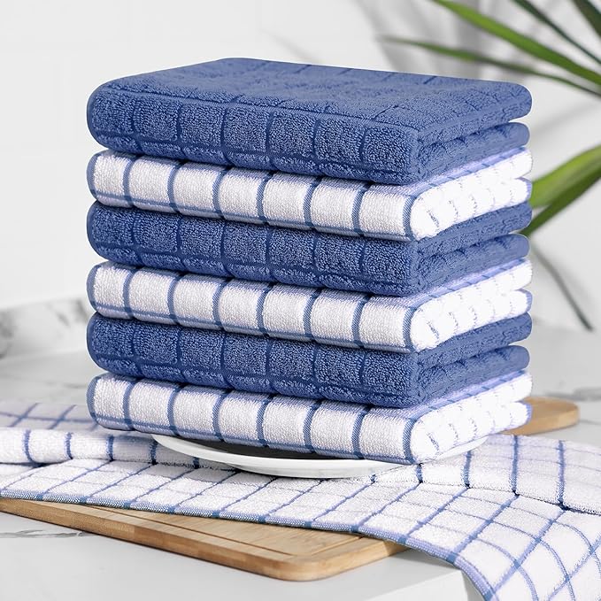 Homaxy Premium Cotton Kitchen Towels 16"x 28", Large Natural Ring Spun 390 GSM Dish Towels, Super Absorbent Terry Kitchen Hand Towels, Soft Tea Towels with Hanging Loop, Navy Blue Check Design, 6 Pack