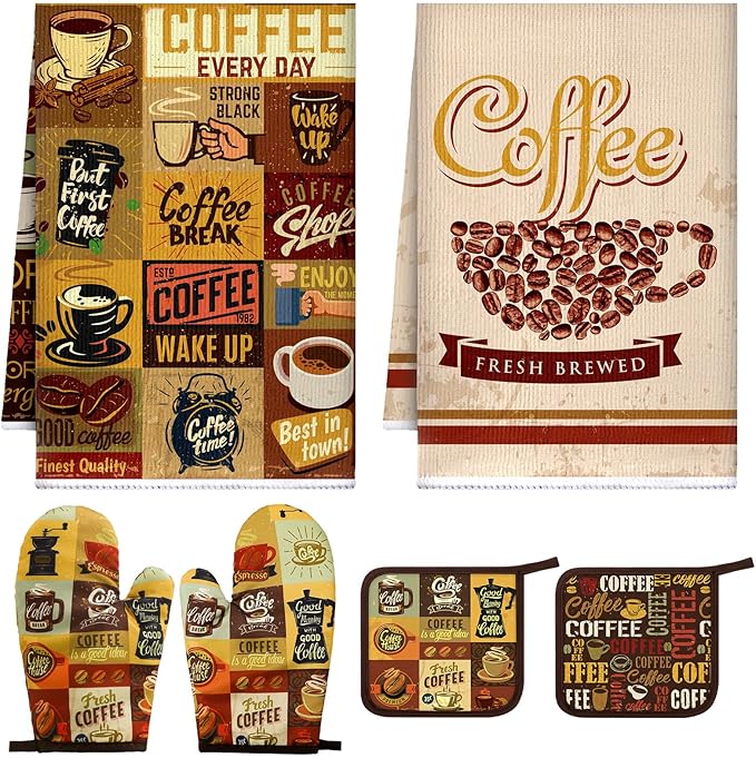 Bencailor 6 Pcs Spring Kitchen Decor Sunflower Pot Holders and Oven Mitts Sets Yellow Kitchen Towel 2 Farmhouse Cooking Mittens for Cooking Grilling Supply Accessories(Dark Brown,Coffee Patterns)