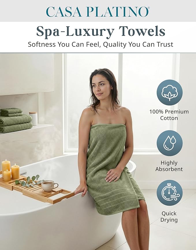 Casa Platino 100% Luxury Bath Towel Pack of 12 - Softer, High Absorbency & Durable - 4 Bath, 4 Wash Cloth, 4 Hand Towels for Bathroom - Premium Look, Spa Quality, Solid Dyed Towels - Oil Green