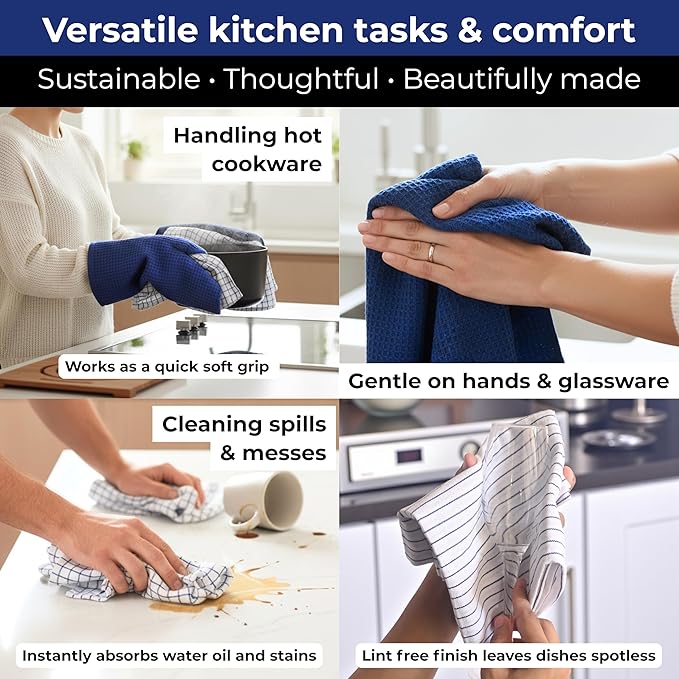 Highly Absorbent Cotton Kitchen Towels for Drying Dishes - Set of 6 Dish Towels - Narrow Navy Blue Stripes Plaid Waffle Dishtowels - 18"X28" Large Lint Free Linen Tea Hand Bulk T Towls