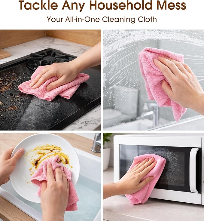 KitchLife Microfiber Cleaning Cloth Roll, 100 Pack - Tear-Away Microfiber Paper Towels, Lint-Free, Reusable, Washable for Kitchen, Car, Dishes, and Sensitive Surfaces (Pink)