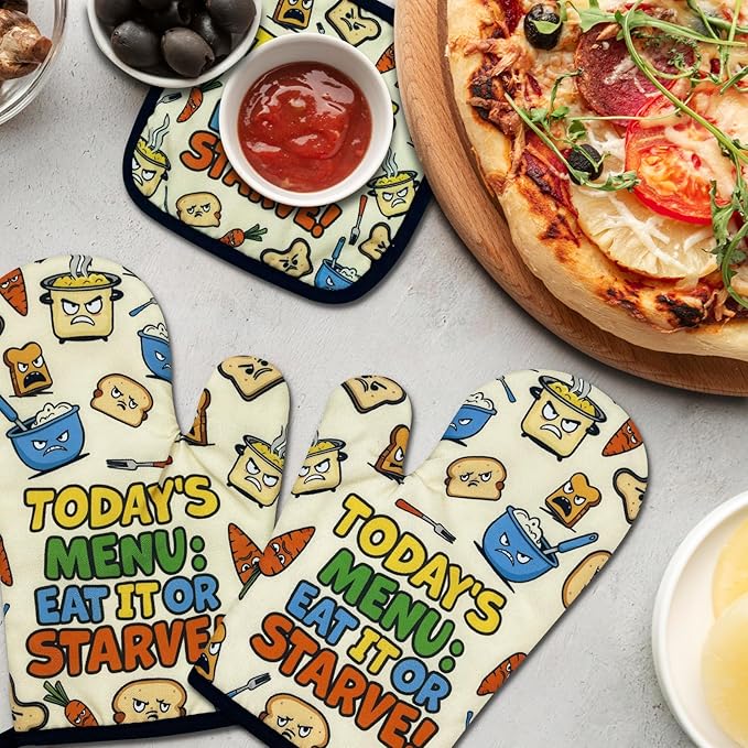 Funny Oven Mitts and Pot Holders Set of 3, Today's Menu Eat It or Starve, Heat Resistant Non-Slip Kitchen Mitts Hot Pads, Humor Kitchen Decor Gifts for Women Men Chef Friend Cooking Lovers