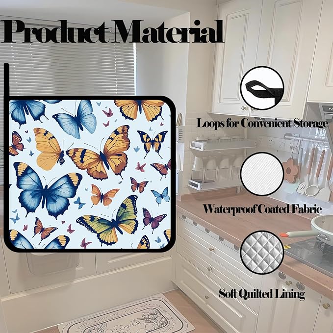 Colorful Cartoon Butterfly Pot Holders 2 PCS,Kitchen Heat Resistant Hot Pads for Cooking Grilling Baking BBQ, Pot Holders for Women Cook Home Microwave