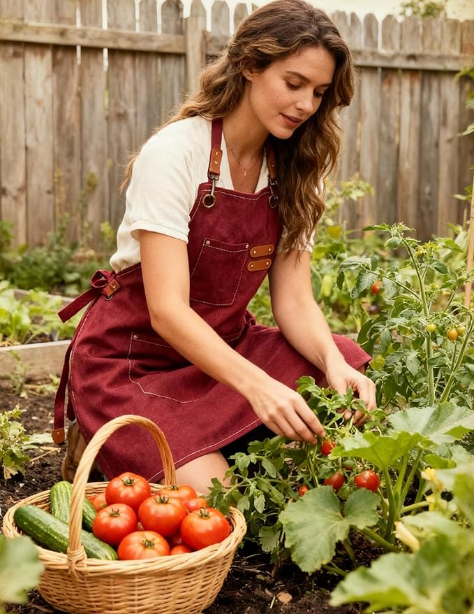 Chef Apron with Large Pockets for Women Men, Cotton Canvas Cross Back Water Repellent Adjustable Work Apron