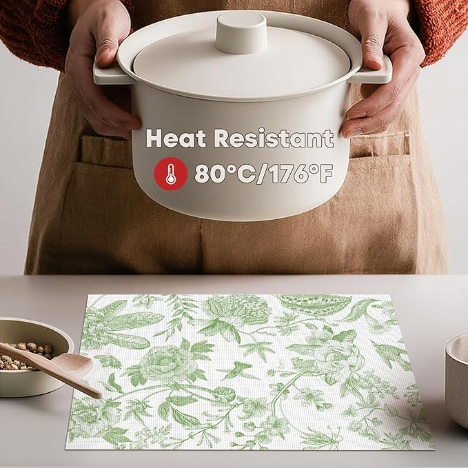 Artoid Mode Green Floral Brids Spring Vinyl Placemats Set of 4, Washable Heat Resistant Non-Slip Woven Plastic PVC Place Mats for Farmhouse Holiday Party Dining Table Decor