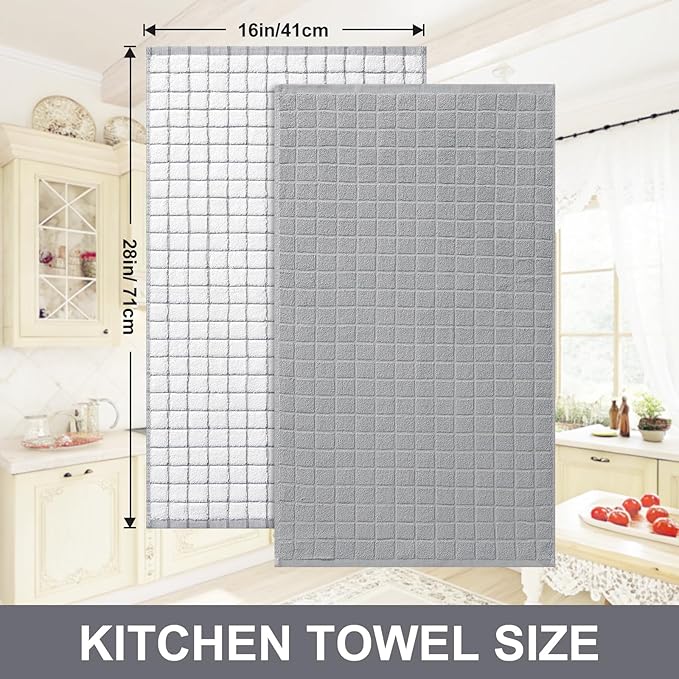 Homaxy Premium Cotton Kitchen Towels 16"x 28", Large Natural Ring Spun 390 GSM Dish Towels, Super Absorbent Terry Kitchen Hand Towels, Soft Tea Towels with Hanging Loop, Light Grey Check, 12 Pack