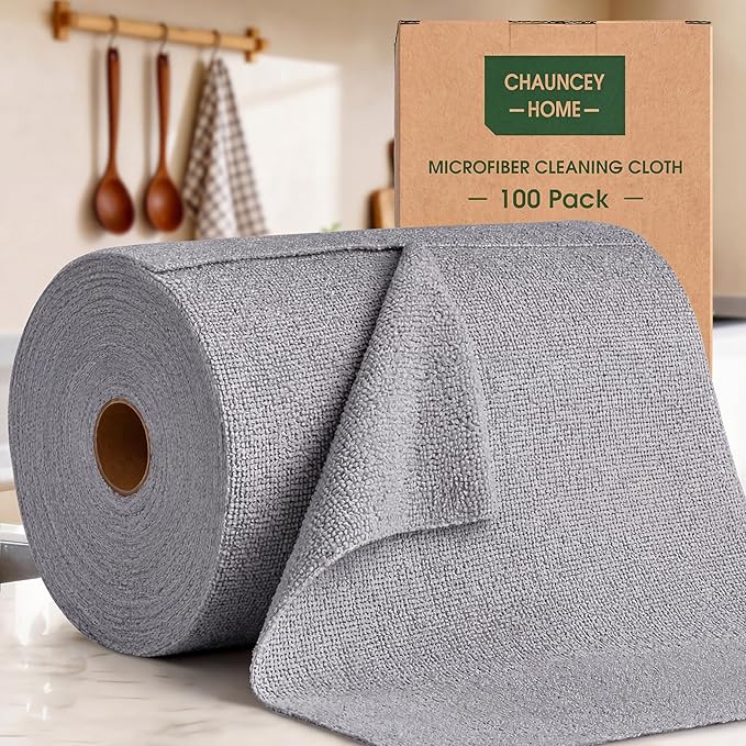 Microfiber Cleaning Cloth Roll - 100 Pack Tear Away Microfiber Paper Towels, Reusable, Washable, Scratch-Free, Kitchen Towels for Car, Home, Kitchen, Glass, Dishes(Cloud Gray)