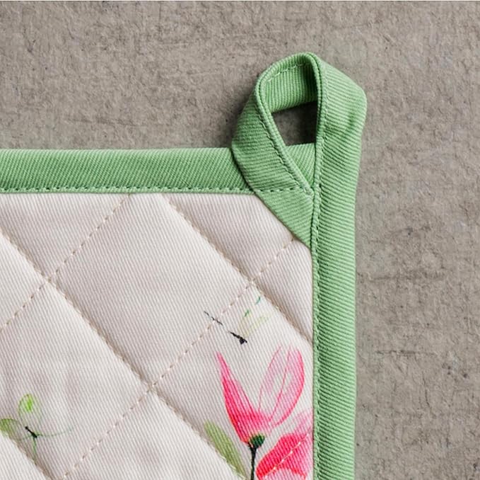 Maison d' Hermine Pot Holders 100% Cotton Heat Resistant Potholders 8" x 8" Hot Pads with Loop BBQ Cooking Baking Gifts for Mothers Day Handling Hot Pans Spring/Summer(Pack of 2, Botanical Fresh)