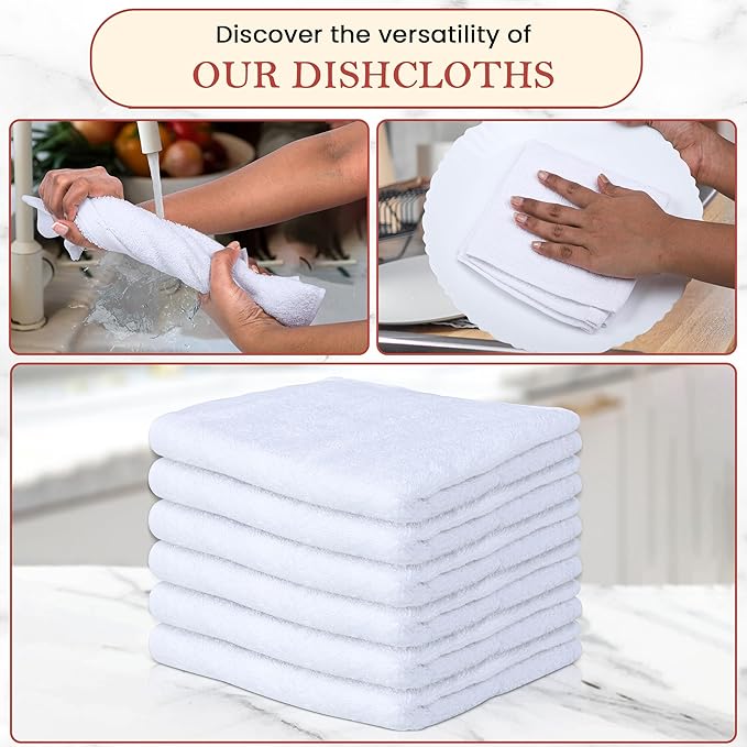 Vintage Vista 100% Cotton Dish Cloths (Pack of 6) - Dish Rags for Washing Dishes - Reusable & Highly Absorbent Kitchen Towels - Kitchen Rags fo Easter - (12" x 16" - White)