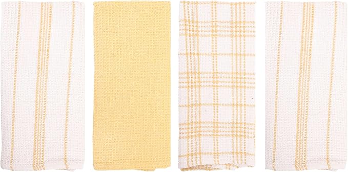 MosJos Kitchen Towels Set of 4 Dish Towels Yellow n White Waffle Weave Cotton Hand Towels, 18 x 28 Absorbent Kitchen Linens