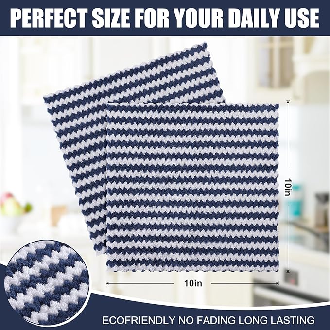 Homaxy 24 Pack Kitchen Dish Cloths, Ultra Soft and Absorbent Dish Towels, Reusable Fast Drying Microfiber Cleaning Cloth, Coral Velvet Wave Design No-lint, 10 x 10 inches, Navy Blue
